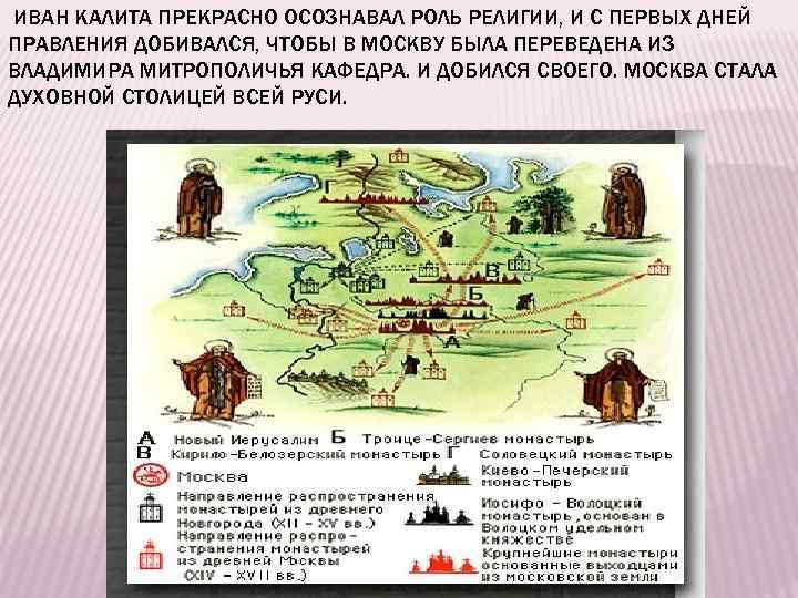 ИВАН КАЛИТА ПРЕКРАСНО ОСОЗНАВАЛ РОЛЬ РЕЛИГИИ, И С ПЕРВЫХ ДНЕЙ ПРАВЛЕНИЯ ДОБИВАЛСЯ, ЧТОБЫ В