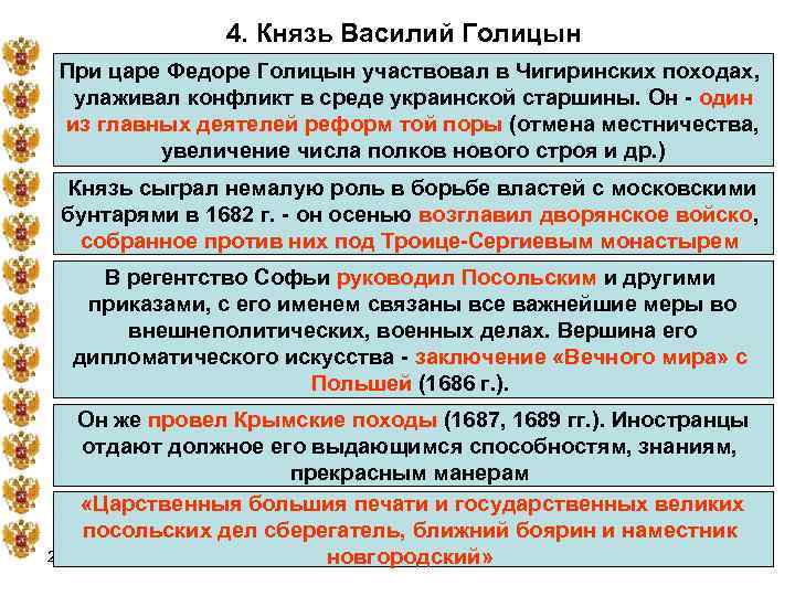 4. Князь Василий Голицын При царе Федоре Голицын участвовал в Чигиринских походах, улаживал конфликт