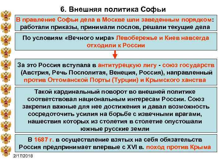 6. Внешняя политика Софьи В правление Софьи дела в Москве шли заведенным порядком: работали