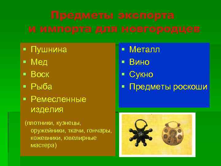 Предметы экспорта и импорта для новгородцев § § § Пушнина Мед Воск Рыба Ремесленные