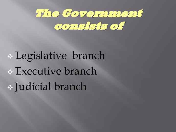 The Government consists of v Legislative branch v Executive branch v Judicial branch 