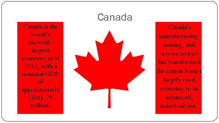 Canada is the world's eleventhlargest economy as of 2015, with a nominal GDP of