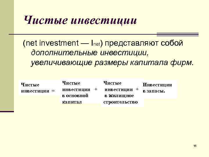 Чистые инвестиции (net investment — Inet) представляют собой дополнительные инвестиции, увеличивающие размеры капитала фирм.