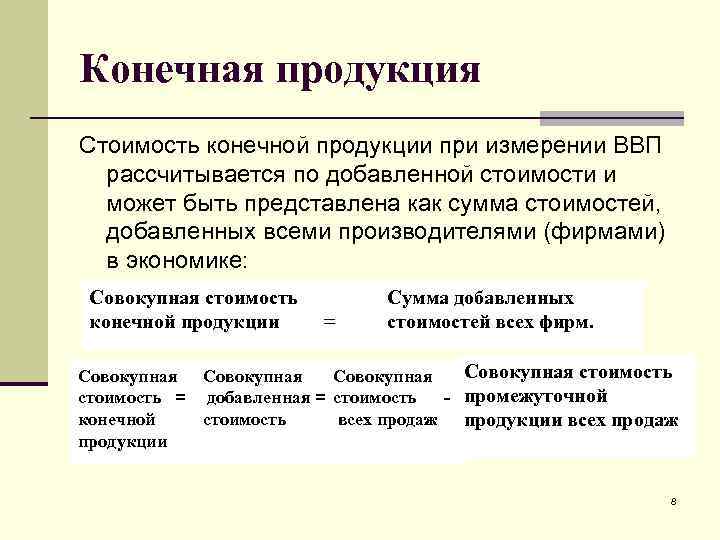 Конечная продукция Стоимость конечной продукции при измерении ВВП рассчитывается по добавленной стоимости и может