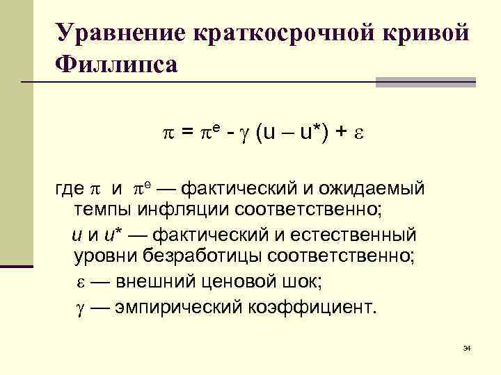 Уравнение краткосрочной кривой Филлипса = е - (u – u*) + где и е