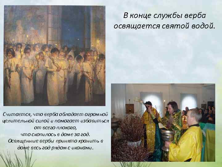В конце службы верба освящается святой водой. Считается, что верба обладает огромной целительной силой