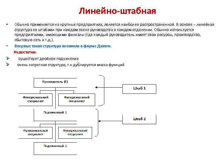 Линейно-штабная Обычно применяется на крупных предприятиях, является наиболее распространенной. В основе – линейная структура