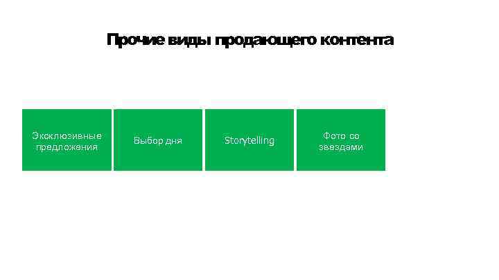Прочие виды продающего контента Эксклюзивные предложения Выбор дня Storytelling Фото со звездами 