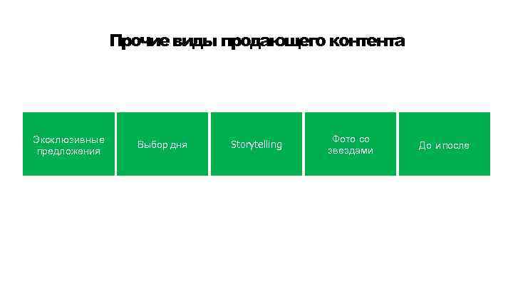Прочие виды продающего контента Эксклюзивные предложения Выбор дня Storytelling Фото со звездами До и