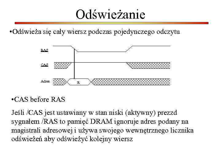 Odświeżanie • Odświeża się cały wiersz podczas pojedynczego odczytu RAS CAS Adres R •