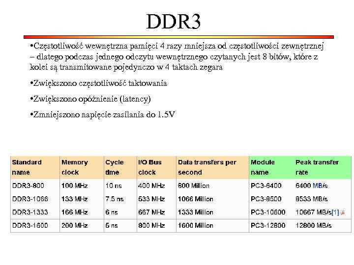 DDR 3 • Częstotliwość wewnętrzna pamięci 4 razy mniejsza od częstotliwości zewnętrznej – dlatego