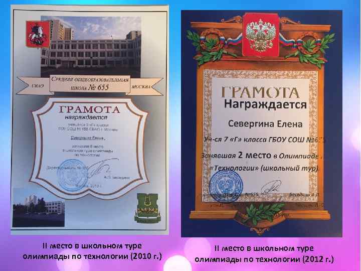 II место в школьном туре олимпиады по технологии (2010 г. ) II место в