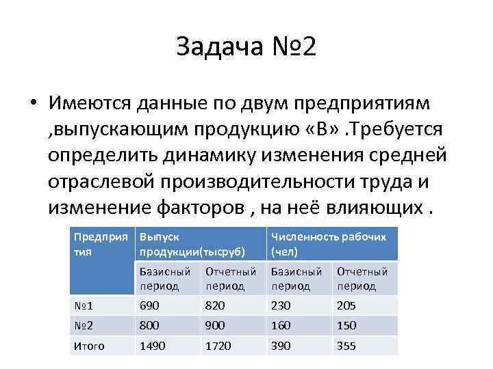 Задача № 2 • Имеются данные по двум предприятиям , выпускающим продукцию «В» .