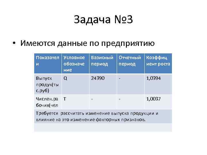 Задача № 3 • Имеются данные по предприятию Показател Условное и обозначе ние Базисный