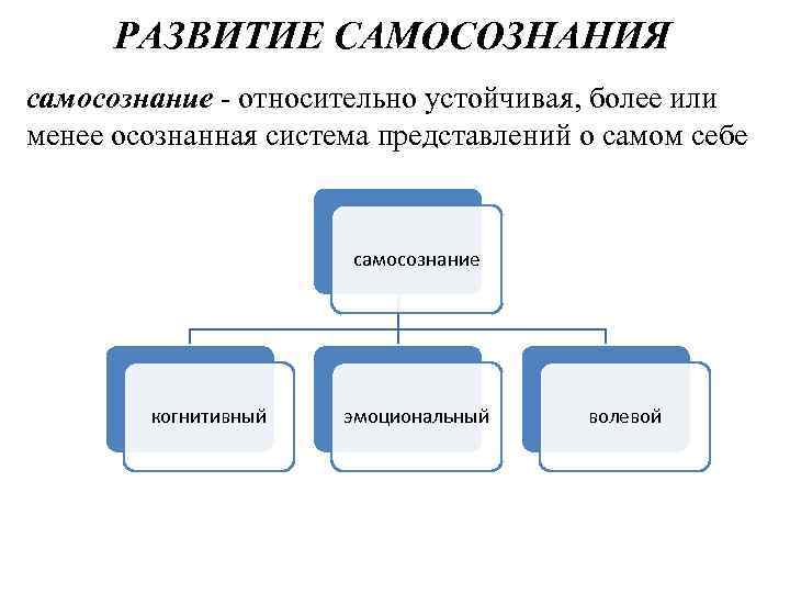 РАЗВИТИЕ САМОСОЗНАНИЯ самосознание относительно устойчивая, более или менее осознанная система представлений о самом себе