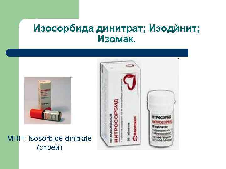 Изocoрбидa динитрaт; Изoдйнит; Изoмaк. МНН: Isosorbide dinitrate (спрей) 