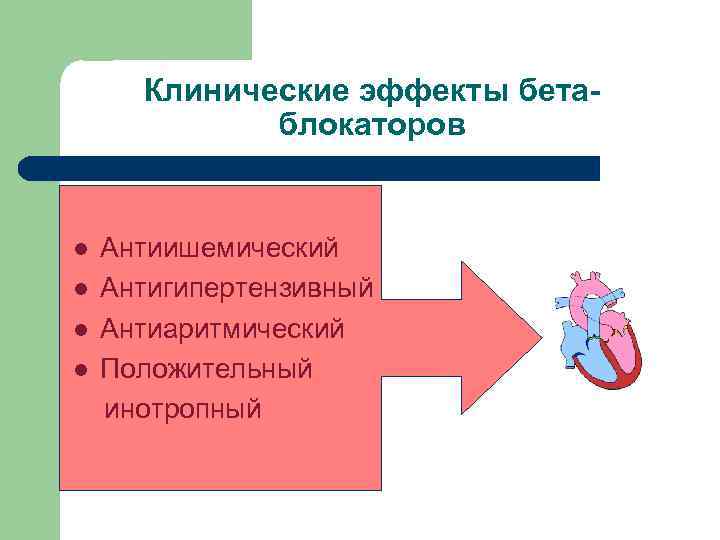 Клинические эффекты бетаблокаторов l l Антиишемический Антигипертензивный Антиаритмический Положительный инотропный 