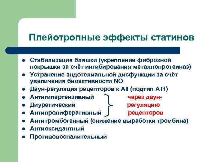 Плейотропные эффекты статинов l l l l l Стабилизация бляшки (укрепление фиброзной покрышки за