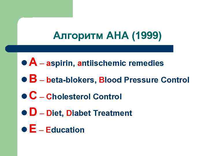 Алгоритм АНА (1999) l A – aspirin, antiischemic remedies l B – beta-blokers, Blood