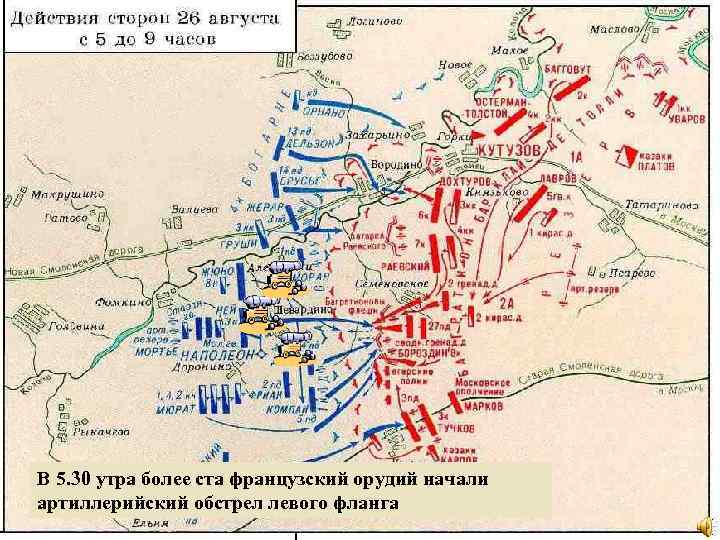 В 5. 30 утра более ста французский орудий начали артиллерийский обстрел левого фланга 