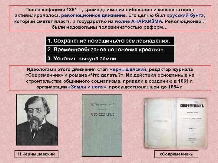 После реформы 1861 г. , кроме движения либералов и консерваторов активизировалось революционное движение. Его