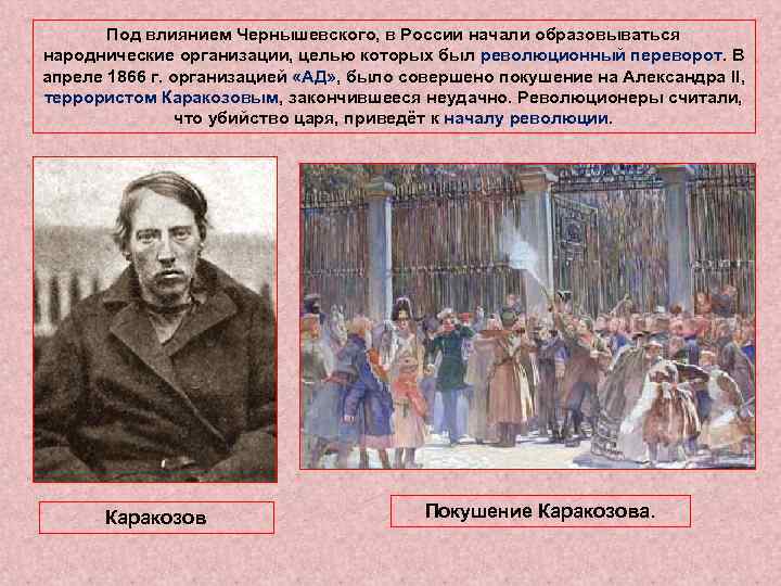 Под влиянием Чернышевского, в России начали образовываться народнические организации, целью которых был революционный переворот.
