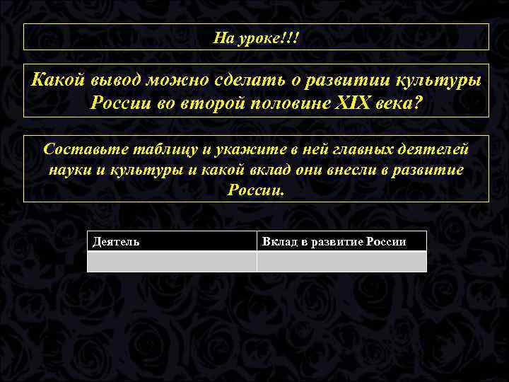 На уроке!!! Какой вывод можно сделать о развитии культуры России во второй половине XIX