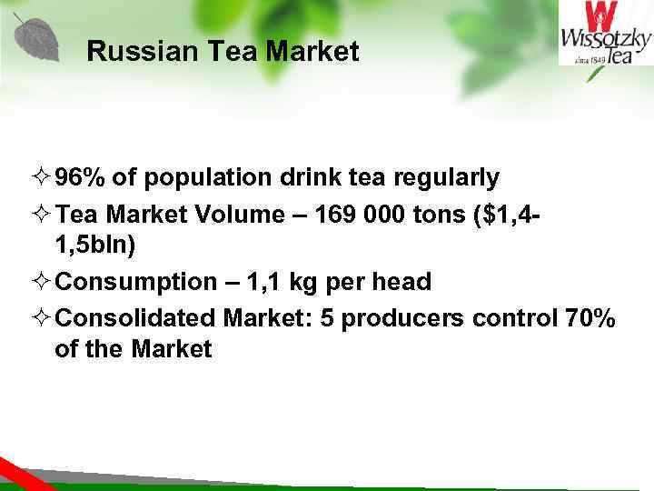 Russian Tea Market ² 96% of population drink tea regularly ² Tea Market Volume