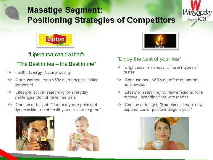 Masstige Segment: Positioning Strategies of Competitors “Lipton tea can do that”/ ”The Best in