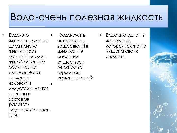 Вода-очень полезная жидкость • Вода-это • жидкость, которая дала начало жизни, и без которой