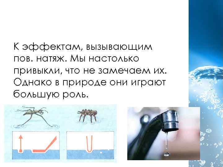 К эффектам, вызывающим пов. натяж. Мы настолько привыкли, что не замечаем их. Однако в