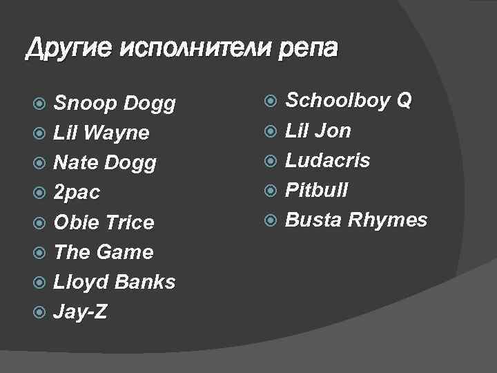 Другие исполнители репа Snoop Dogg Lil Wayne Nate Dogg 2 pac Obie Trice The