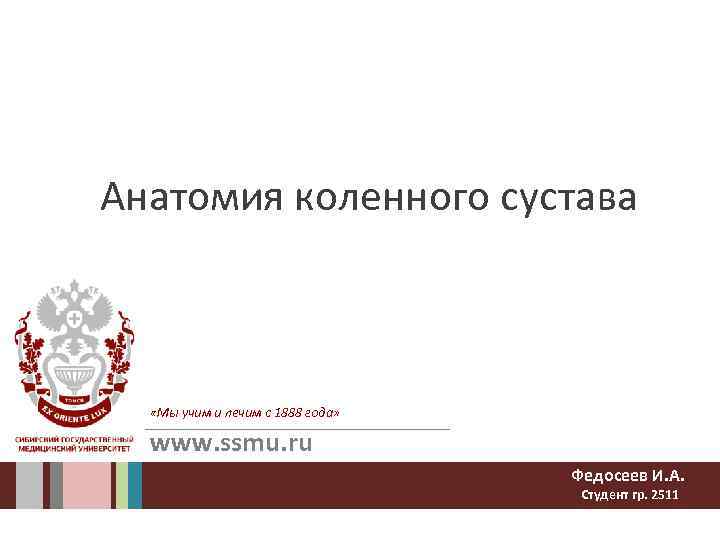 Анатомия коленного сустава «Мы учим и лечим с 1888 года» www. ssmu. ru Федосеев