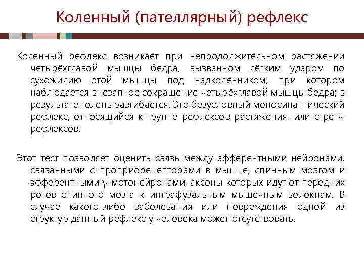 Коленный (пателлярный) рефлекс Коленный рефлекс возникает при непродолжительном растяжении четырёхглавой мышцы бедра, вызванном лёгким