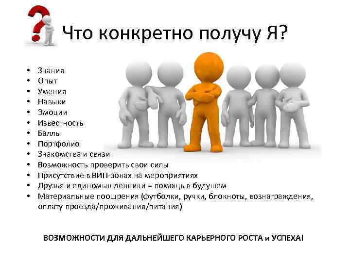 Что конкретно получу Я? • • • • Знания Опыт Умения Навыки Эмоции Известность