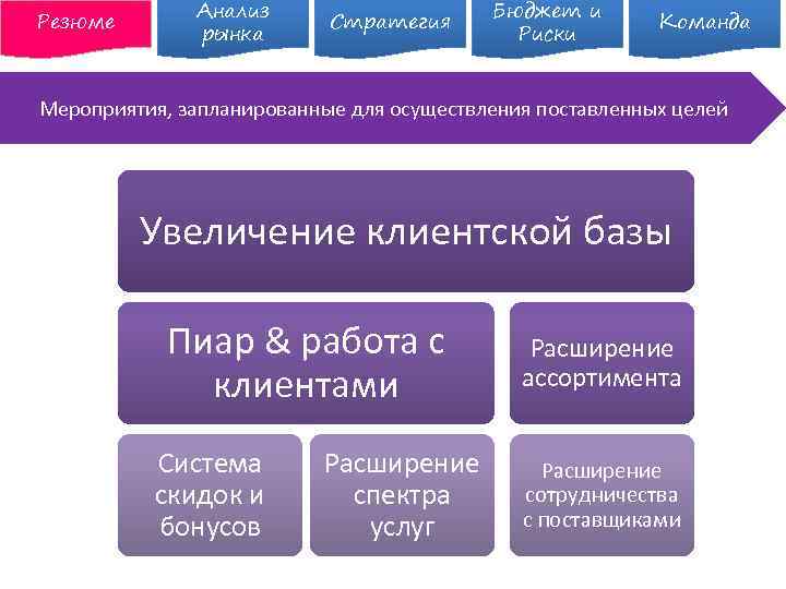 Резюме Анализ рынка Стратегия Бюджет и Риски Команда Мероприятия, запланированные для осуществления поставленных целей