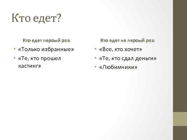 Кто едет? Кто едет первый раз: • «Только избранные» • «Те, кто прошел кастинг»