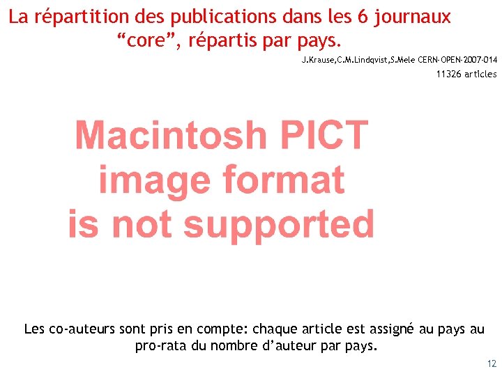 La répartition des publications dans les 6 journaux “core”, répartis par pays. J. Krause,