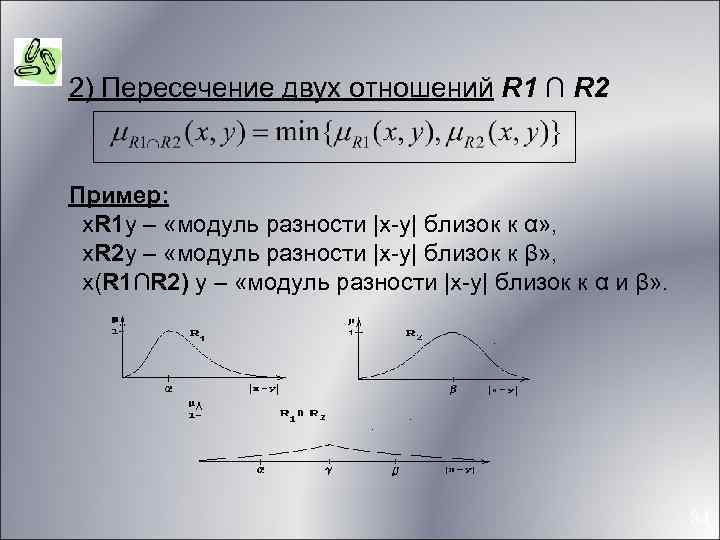 Пересечение двух отношений. Модуль разности x и y. Отношение r1/r0.  Приведите пример нечеткого отношения числа x и y близкие по модулю..