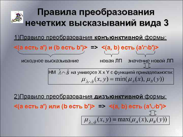 Правила преобразования нечетких высказываний вида 3 1)Правило преобразования конъюнктивной формы: <(a есть a') и