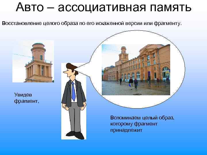 Авто – ассоциативная память Восстановление целого образа по его искаженной версии или фрагменту. Увидев