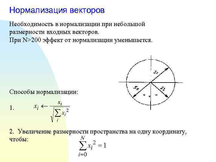Нормализация векторов Необходимость в нормализации при небольшой размерности входных векторов. При N>200 эффект от