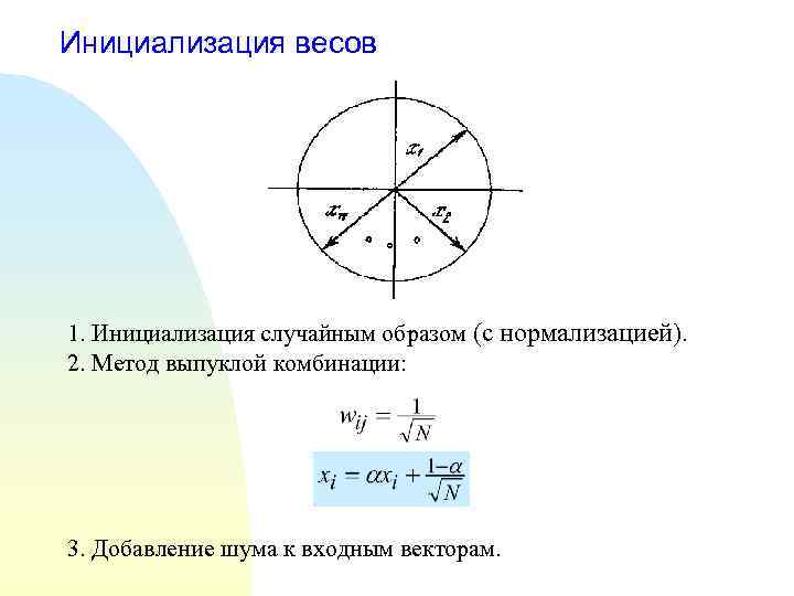 Инициализация весов 1. Инициализация случайным образом (с нормализацией). 2. Метод выпуклой комбинации: 3. Добавление