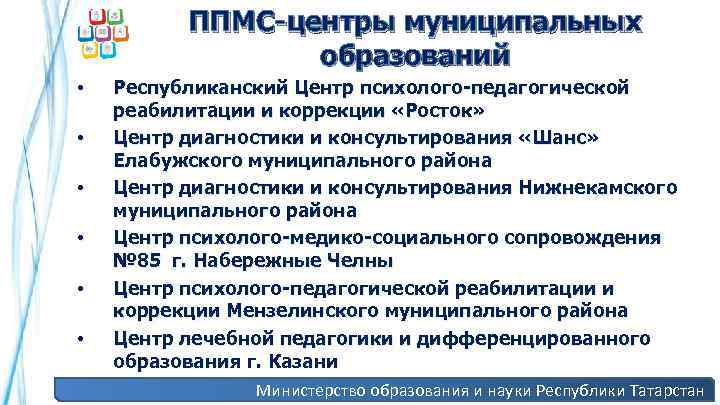 ППМС-центры муниципальных образований • • • Республиканский Центр психолого-педагогической реабилитации и коррекции «Росток» Центр