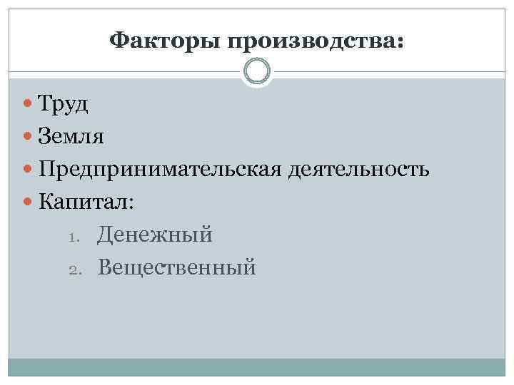 Факторы производства: Труд Земля Предпринимательская деятельность Капитал: 1. 2. Денежный Вещественный 