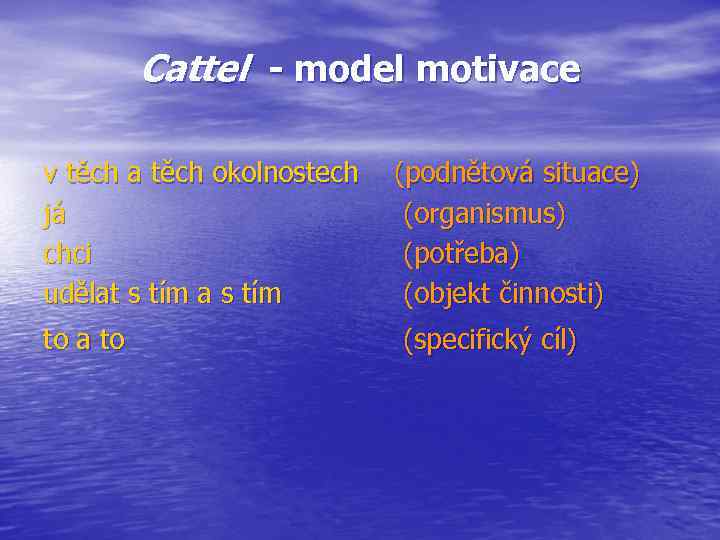 Cattel - model motivace v těch a těch okolnostech (podnětová situace) já (organismus) chci