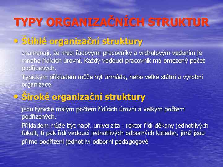 TYPY ORGANIZAČNÍCH STRUKTUR • Štíhlé organizační struktury znamenají, že mezi řadovými pracovníky a vrcholovým