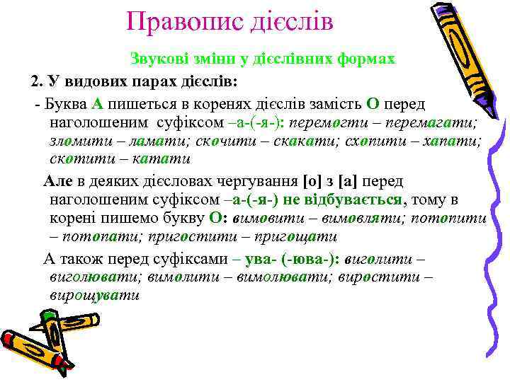 Правопис дієслів Звукові зміни у дієслівних формах 2. У видових парах дієслів: - Буква