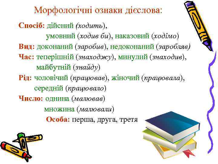 Морфологічні ознаки дієслова: Спосіб: дійсний (ходить), умовний (ходив би), наказовий (ходімо) Вид: доконаний (заробив),