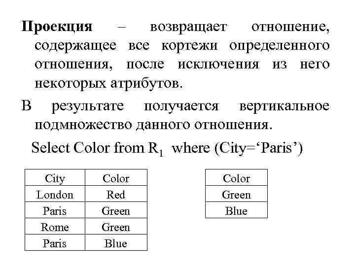 Проекция – возвращает отношение, содержащее все кортежи определенного отношения, после исключения из него некоторых